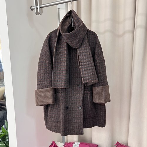 2025秋冬新款韩版宽松显瘦围巾领双面羊毛大衣女中长款毛呢外套潮