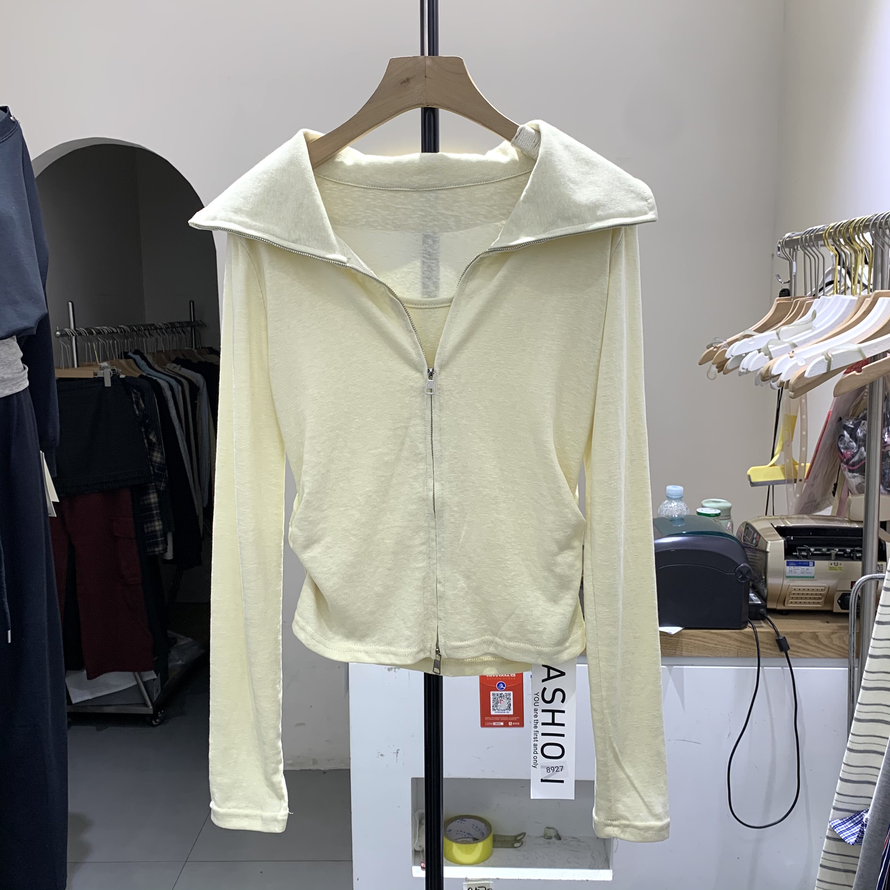 2026春季新款韩版时尚显瘦翻领拉链针织开衫女假两件外套潮9972