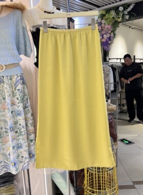 醋酸缎面半身裙女2026夏季新款松紧腰高腰垂感开叉A字中长裙9322