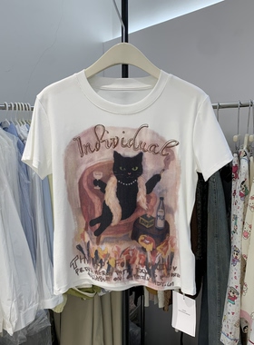 复古猫咪印花短袖T恤2026夏季新款圆领高街风辣妹上衣打底衫8106