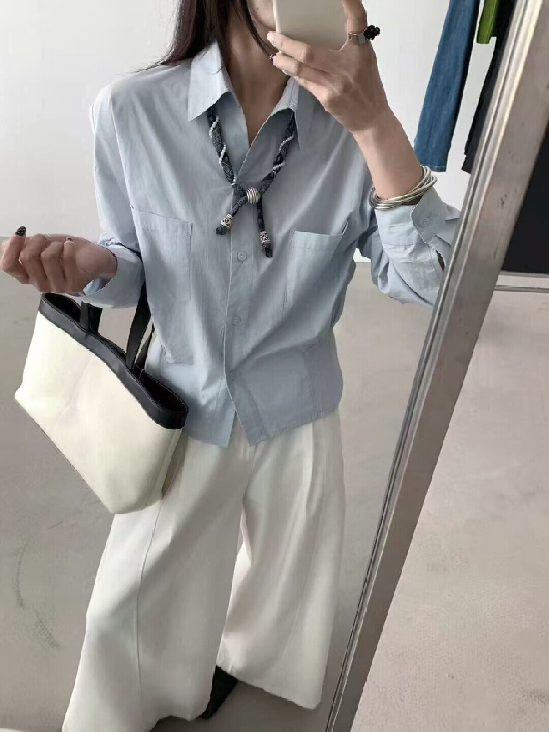 2026春季新款韩版宽松休闲百搭纯色翻领长袖衬衫女上衣+项链3658