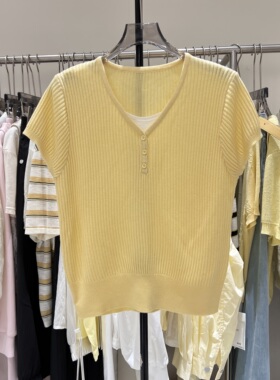 2026夏季薄V领短袖针织衫女竖条纹镂空假两件毛衣打底上衣89010