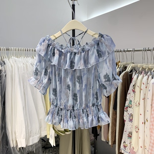 新款 衬衫 韩版 雪纺荷叶边一字领露肩短袖 女上衣26018 时尚 2026夏季