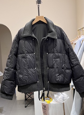 2025冬新款时尚翻领拼接假两件羽绒服女韩版宽松保暖外套潮30723