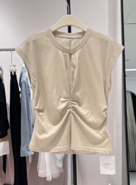 欧洲站2026夏新款时尚圆领收腰压褶显瘦韩系纯色短袖上衣T恤8228