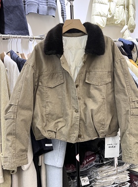 灯芯绒拼接翻领短款小个子羽绒服冬季新款设计感时尚外套女25299