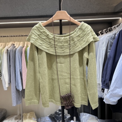 One Family58019正版春季新款韩系氛围感一字领垂感长袖针织衫女