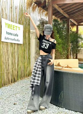 热辣风修身短袖T恤2026夏季新款百搭阔腿牛仔拖地裤女配格子屁帘