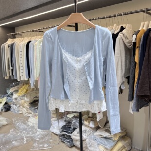 打底衫 女2026春款 上衣 撞色t恤衫 新䄂26021蕾丝边假两件设计感长袖