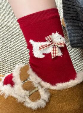 蝴蝶结小狗袜子女红色中筒袜ins潮本命年可爱小熊堆堆袜百搭长袜