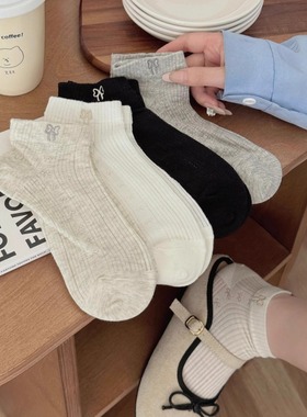 灰色袜子女短袜纯棉春夏季薄款网眼透气无骨袜蝴蝶结刺绣可爱棉袜