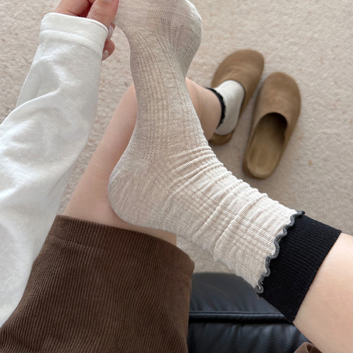 韩系芭蕾风木耳边中筒袜