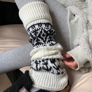 费尔岛风氛围感羊毛袜套女冬季 显腿长袜套 加厚保暖中筒袜条纹个性