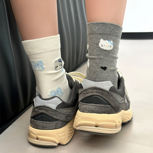 袜子女夏薄款纯棉中筒袜卡通ins潮白色可爱抗菌防臭长袜夏季无骨