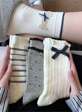 灰色袜子女堆堆袜棉线中筒袜蝴蝶结秋冬卡通可爱波点花边潮袜春秋