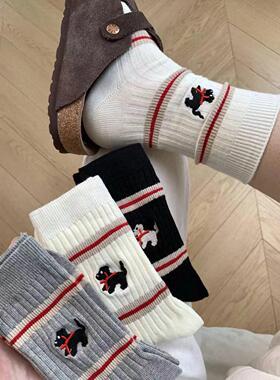 不对称狗狗袜子~条纹中筒袜左右脚AB面可爱ins潮刺绣小狗网红款