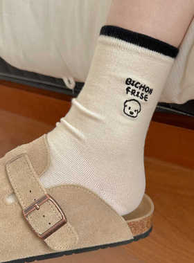 可爱卡通日系小狗袜子女学院风ins潮袜韩国纯棉中筒春夏白色简约
