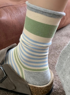 小众设计条纹袜子女ins风新品无骨堆堆袜日系百搭显瘦松口月子袜