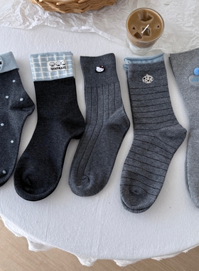 灰色格雷系春秋女袜纯色中筒袜韩系百搭深灰堆堆袜格雷系长袜纯棉