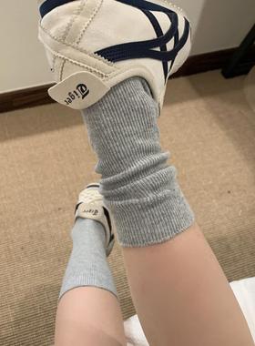 灰色堆堆袜纯色系细条竖纹白袜简约中筒堆堆袜双针ins韩系双针袜