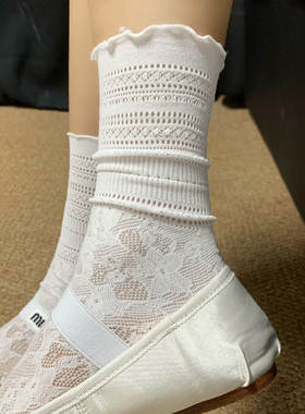 复古蕾丝白色女夏季薄款中筒配小皮鞋芭蕾风ins系花边透气堆堆袜