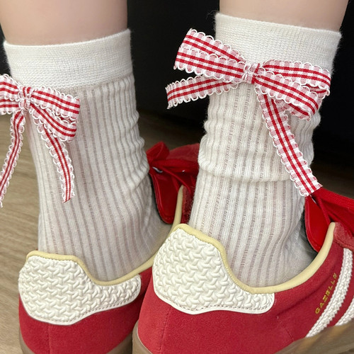 韩系红格子花边蝴蝶结中筒袜