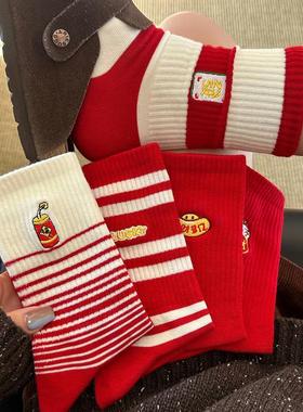 2026年属马年红袜子女款本命年棉袜中筒袜大红色秋冬新年长袜学生