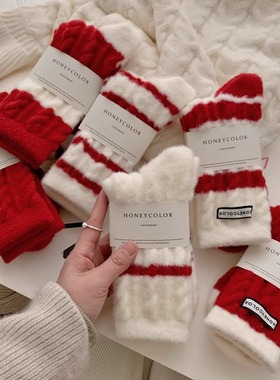 冬季新年澳绒袜子红色条纹女士中筒袜本命年袜子保暖超柔加绒红袜