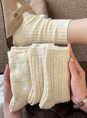 日系棉麻风ins系慵懒感粗线袜子女堆堆袜春秋搭勃肯鞋中筒袜纯色