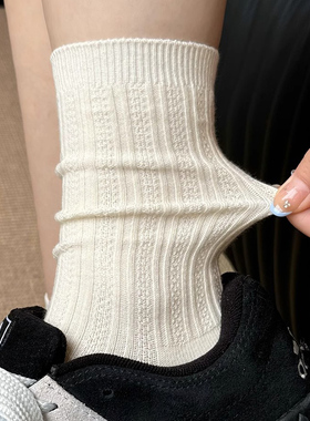 夏季薄款白色袜子女纯棉中筒袜ins风潮简约百搭日系原宿风堆堆袜