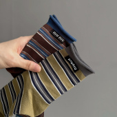 轻复古超有范儿 彩色条纹卷边中长筒袜子女ins潮百搭简约棉袜春秋