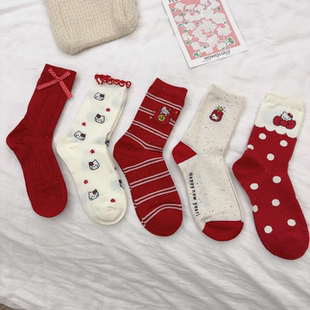 新年kt酱来啦 大红袜子女卡通中筒袜可爱少女ins堆堆袜本命年