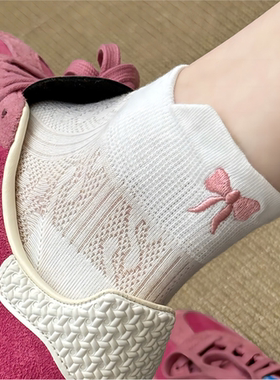 日系可爱蝴蝶结袜子女中筒袜夏季薄款非纯棉芭蕾风白色短袜网眼夏