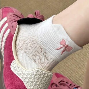 日系可爱蝴蝶结袜子女中筒袜夏季 非纯棉芭蕾风白色短袜网眼夏 薄款