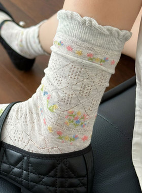 春日氛围感~碎花镂空花边袜子女透气中筒堆堆袜森系文艺白色棉袜