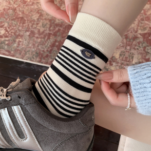 ins韩系无骨堆堆袜子女日系撞色条纹egg纽扣植绒条纹JK百搭基础