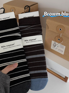 Hilo nayean羊毛条纹中筒袜子女撞色复古无骨堆堆袜百搭ins学院风