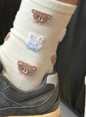 韩系ins可爱卡通设计植绒小熊小兔中筒袜春秋日系甜美少女堆堆袜