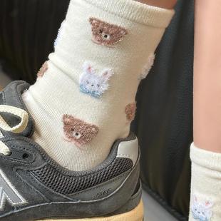 韩系ins可爱卡通设计植绒小熊小兔中筒袜春秋日系甜美少女堆堆袜