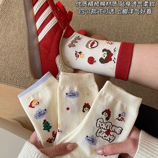 日系可爱卡通长筒袜纯棉春秋棉袜 白色袜子女中筒袜春天ins潮韩版