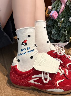 帽子小狗袜子女中筒袜ins潮纯棉早秋新款日系卡通刺绣波点堆堆袜