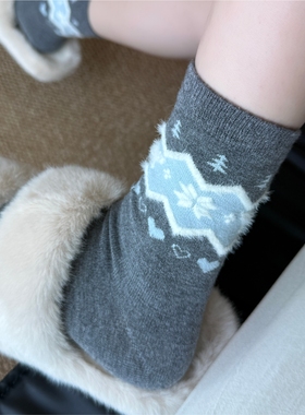 灰色长袜卡通ins日系费尔岛复古袜子女秋冬中筒袜加厚保暖堆堆袜