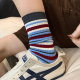 条纹袜子女复古撞色中筒袜ins潮纯棉夏季 薄款 无骨抗起球堆堆长袜