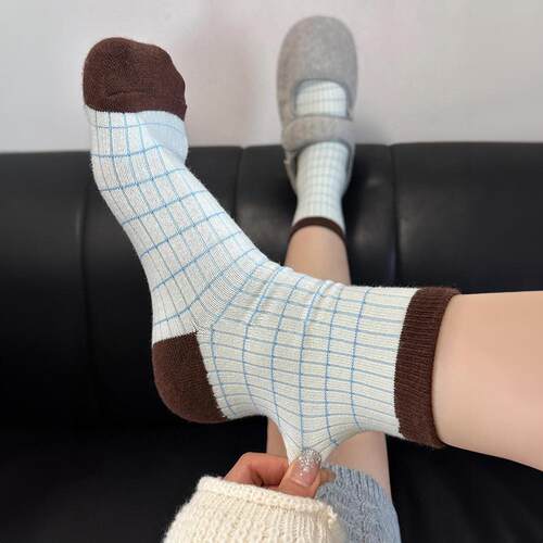 春季新款条纹撞色中筒袜