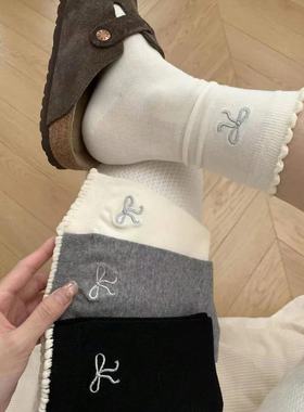 韩系少女百搭灰色花边蝴蝶结袜子女春秋棉质中筒袜显瘦ins堆堆袜