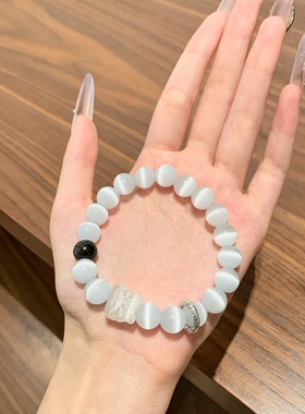 520情人节礼物天然银曜石黑曜石猫眼石白水晶醒狮情侣手链