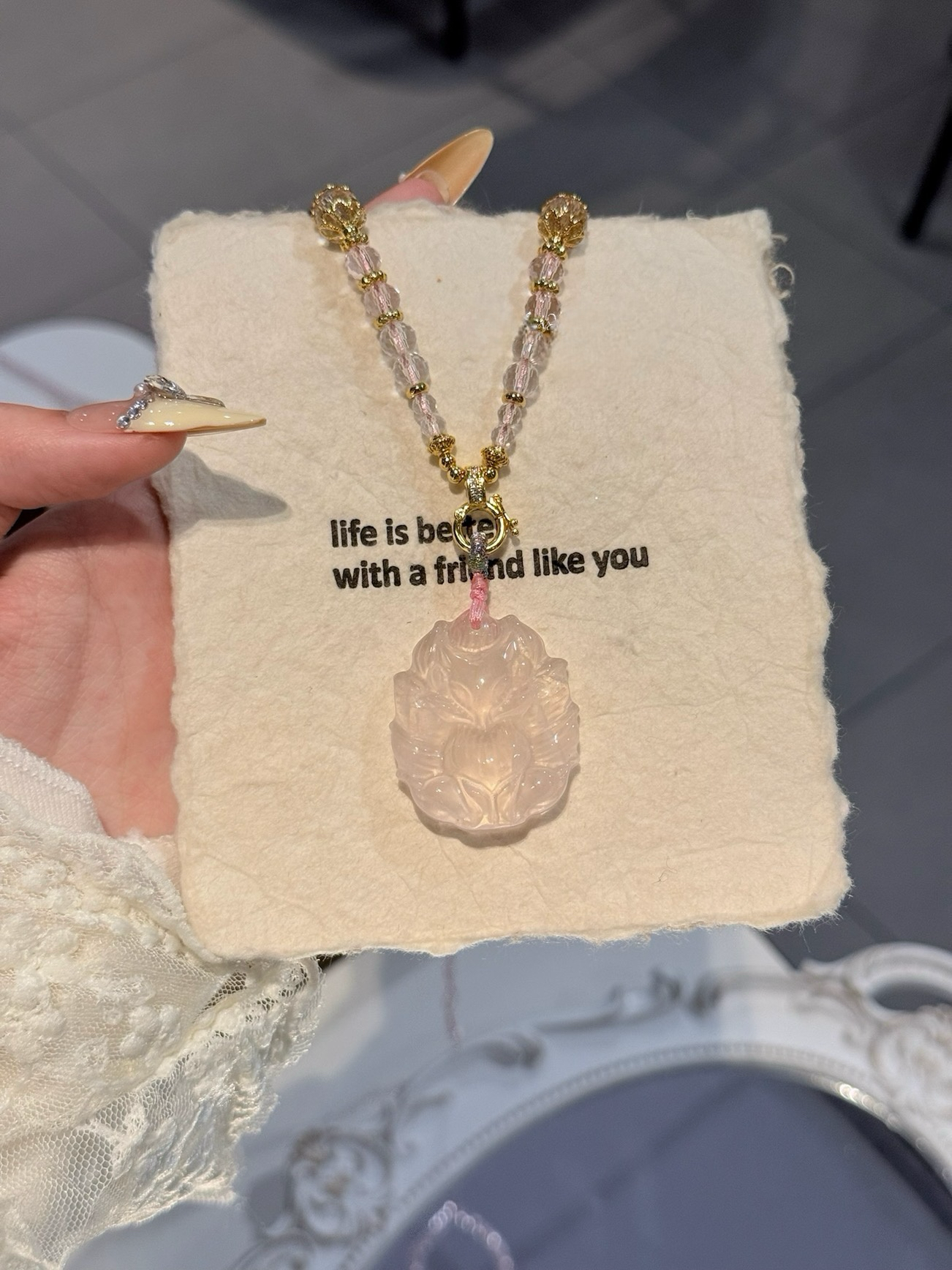 天然粉水晶九尾狐吊坠招桃花项链带珠链九尾狐精雕招桃花她屿