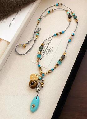 铜合金合成锆石项链 波西米亚风美拉德蓝色项链轻奢 75cm E1-078
