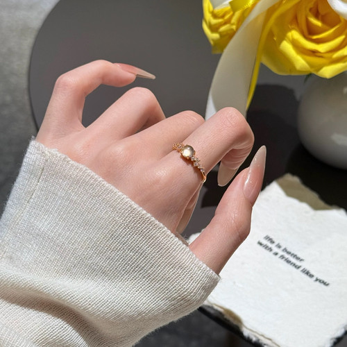 天然水沫玉S925纯银月光石玫瑰金戒指冰种翡翠活口可调节她屿