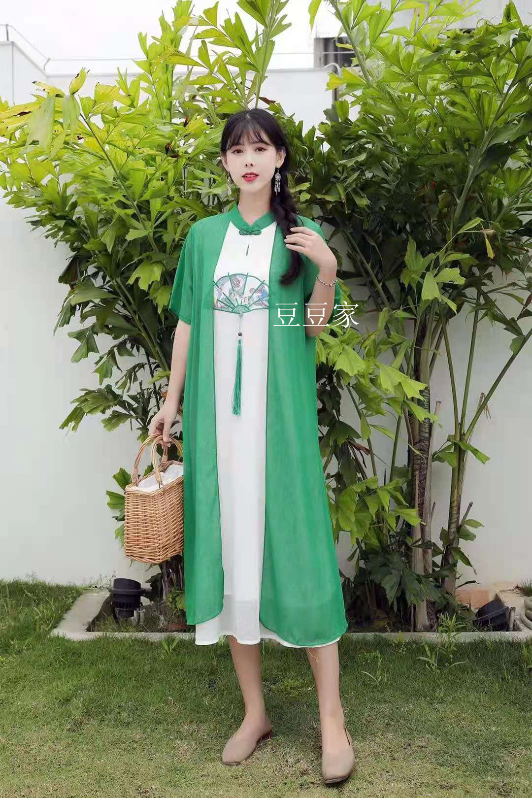 【豆豆家】女士夏季新款中国风舒适宽松仙气假两件扇子棉麻连衣裙